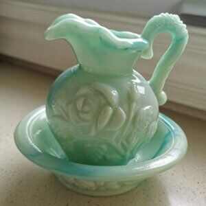 Vintage Avon Blue Roses Glass Mini Pitcher and Dish, Victoriana Jadeite Milk